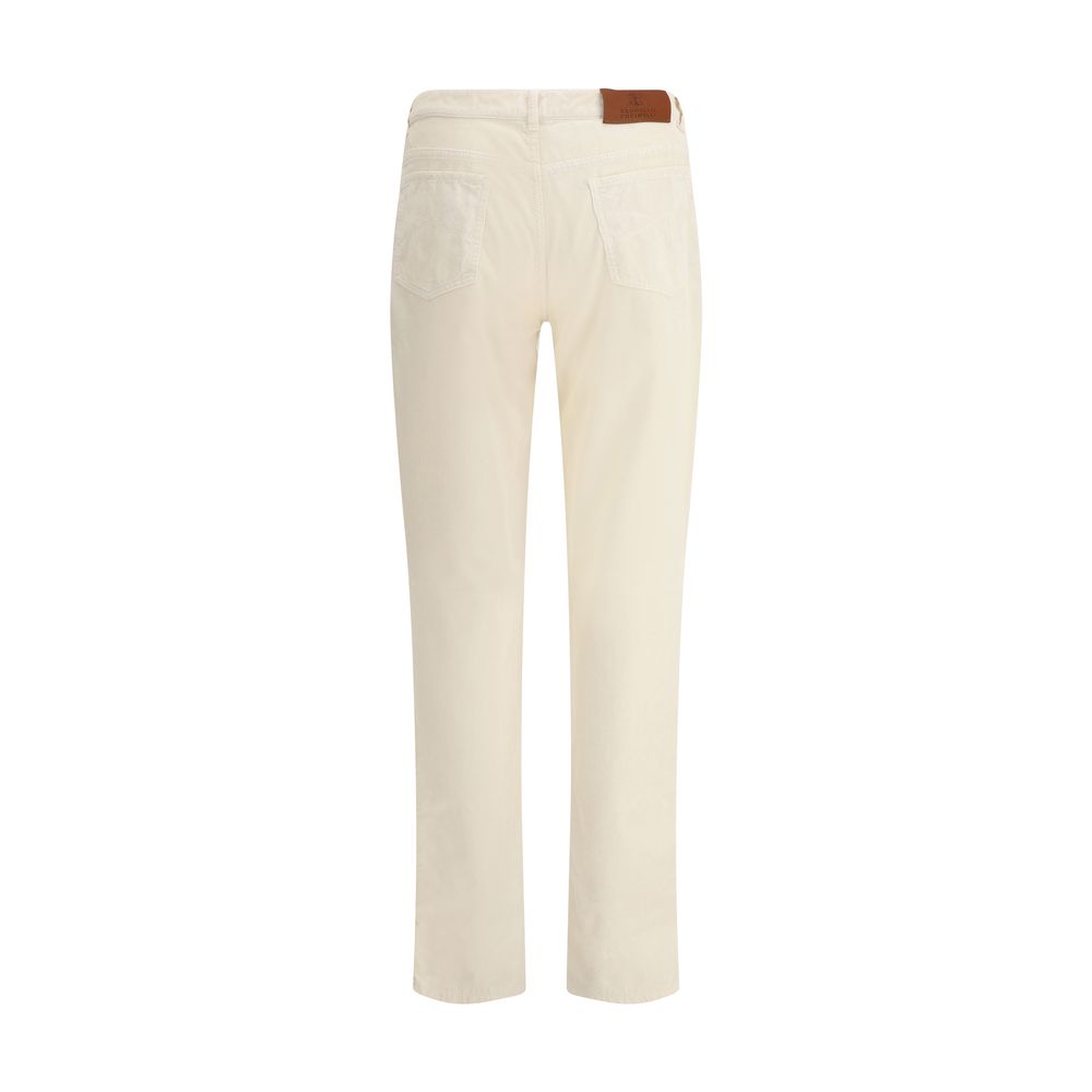 Back view of Brunello Cucinelli White Cotton Casual Pants with logoed leather patch and corduroy texture.