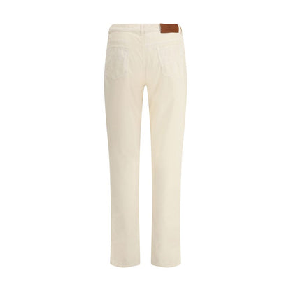 Back view of Brunello Cucinelli White Cotton Casual Pants with logoed leather patch and corduroy texture.
