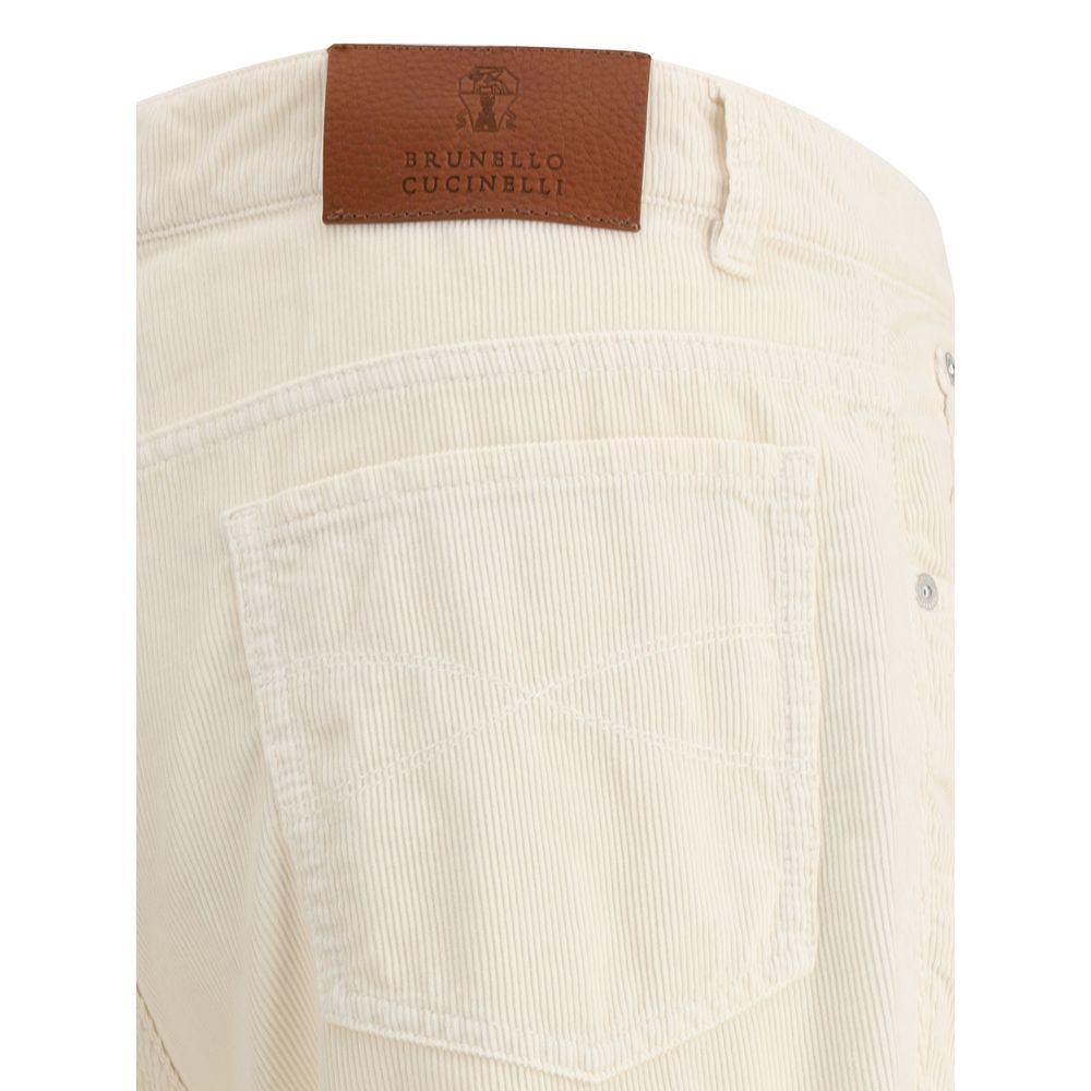 Brunello Cucinelli White Cotton Casual Pants with logoed leather patch and elegant corduroy texture.