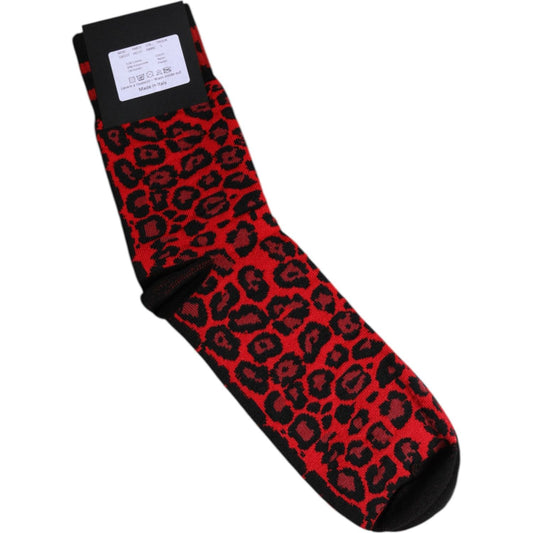 Dolce & Gabbana Black Red Leopard Mid Calf Men Socks