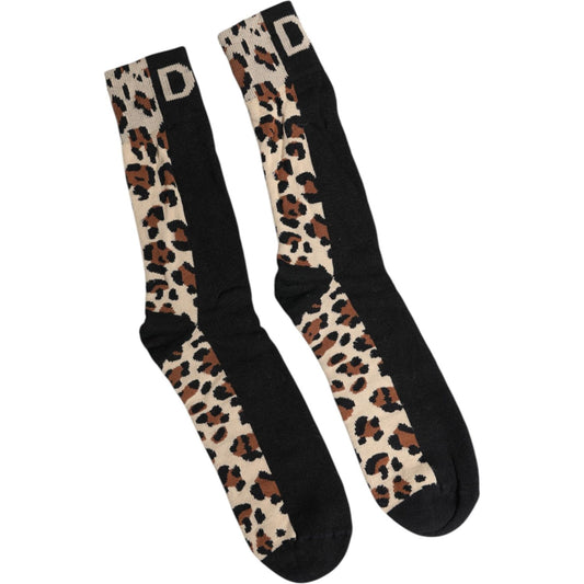 Dolce & Gabbana Black Brown Leopard Print Nylon Mid Calf Socks