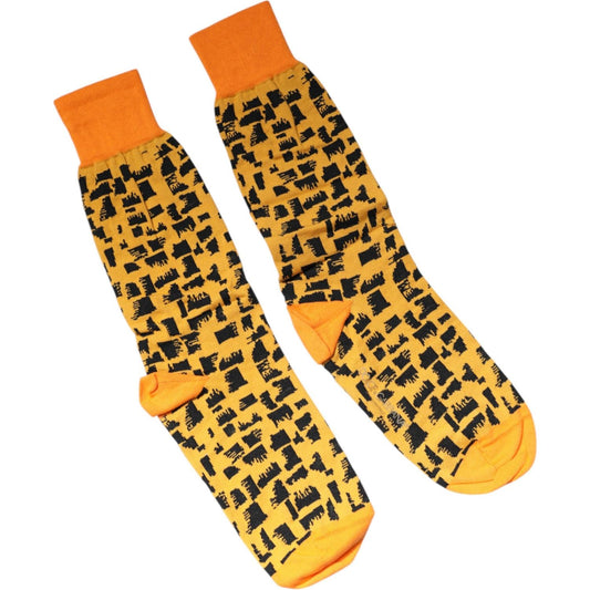 Dolce & Gabbana Yellow Black Print Mid Calf Men Socks