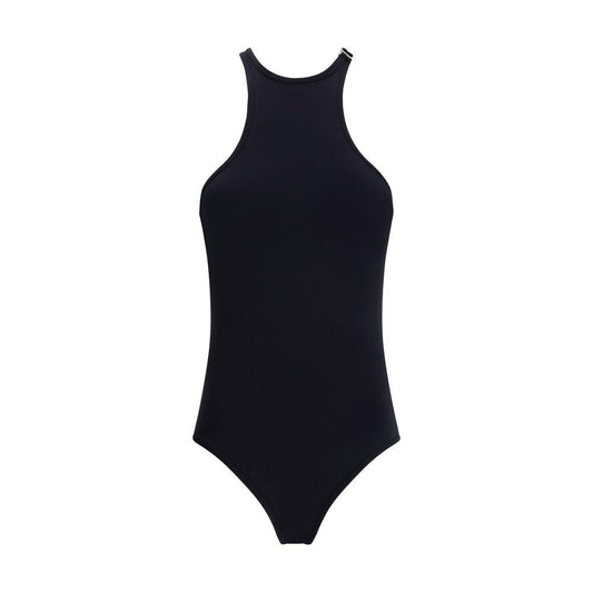 The Attico Monochrome Swimsuit, Olympic pattern, one-piece with neck closure, chic simple design, stylish summer swimwear.