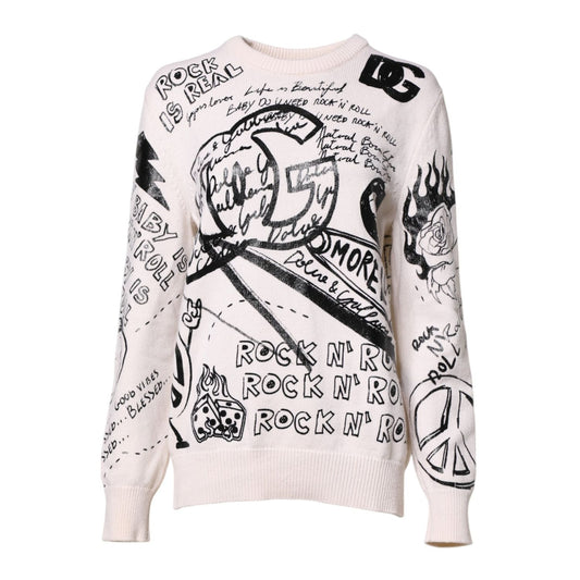 Dolce & Gabbana White Black Logo Print Women Pullover Sweater THS90373-40