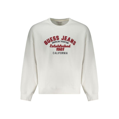 Guess Jeans White Cotton Men Sweater with logo embroidery, long-sleeve crew neck, oversized modern style, fashion-forward design.