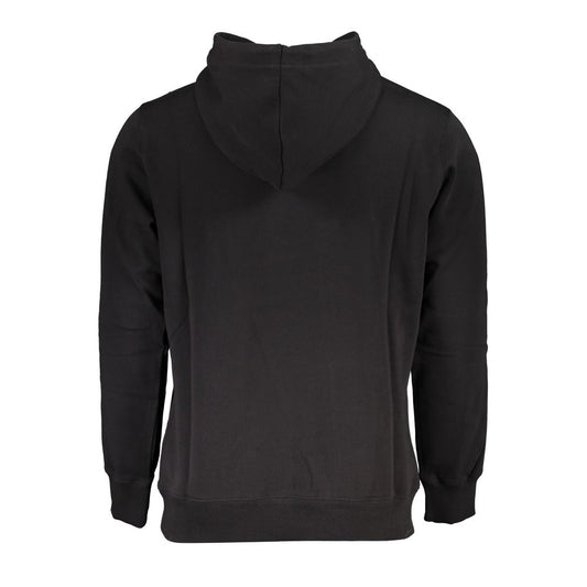 Back view of Calvin Klein sleek organic cotton hooded sweatshirt in black, showcasing cozy material and stylish hood design.