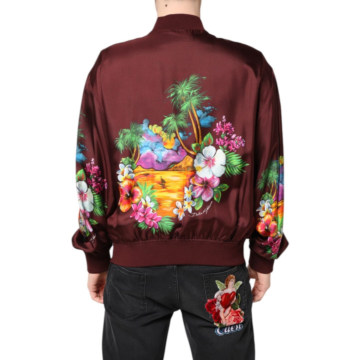 Dolce & Gabbana Maroon Floral Print Full Zip Bomber Jacket