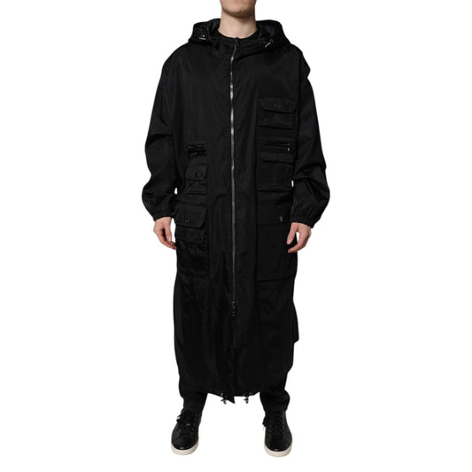 Dolce & Gabbana Black Hooded Long Men Windbreaker Jacket