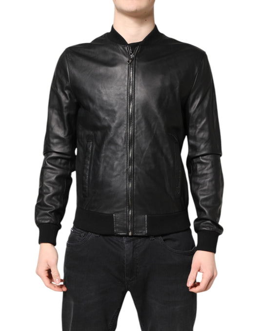 Dolce & Gabbana Black Lambskin Leather Full Zip Biker Jacket JKT41435-48