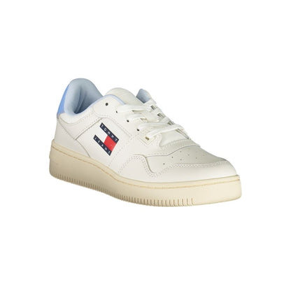 Tommy Hilfiger White Leather Women Sneaker with contrasting details and iconic logo, offering style and comfort for a sporty-chic look.