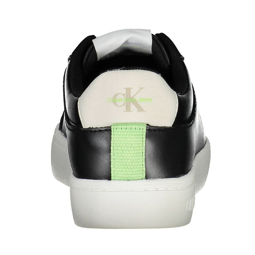 Rear view of Calvin Klein Black Polyester Women Sneaker with logo and green accents.