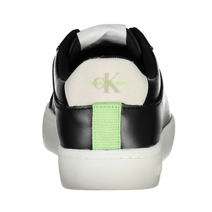 Rear view of Calvin Klein Black Polyester Women Sneaker with logo and green accents.
