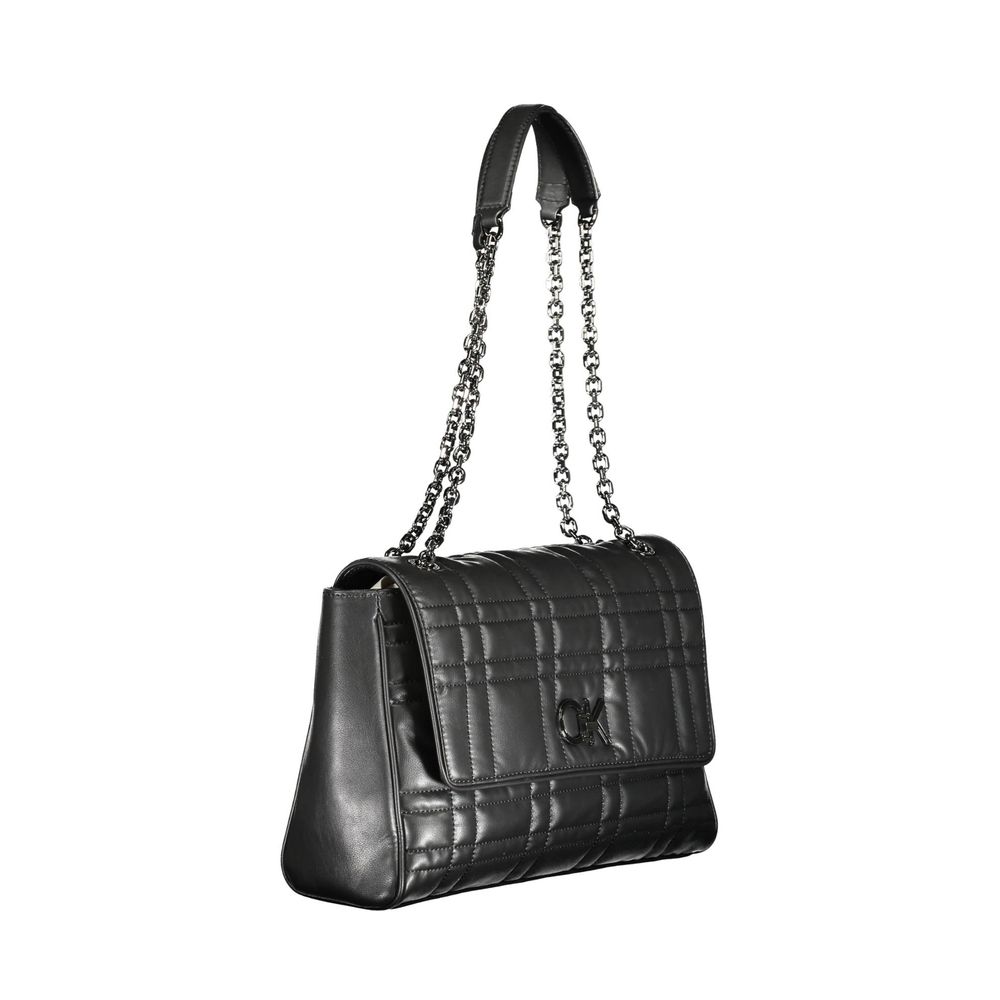 Calvin Klein Black Polyester Women Handbag with chain handles and turnbuckle closure, featuring a sleek design for eco-conscious fashion.