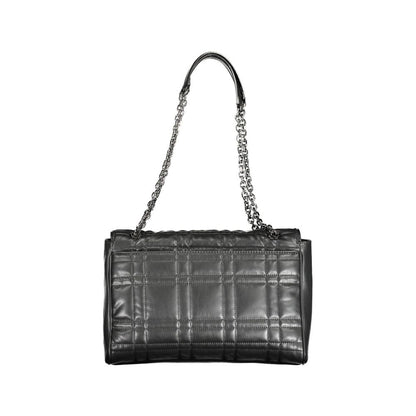 Calvin Klein Black Polyester Women Handbag with chain handles and turnbuckle closure for stylish and secure storage of essentials.