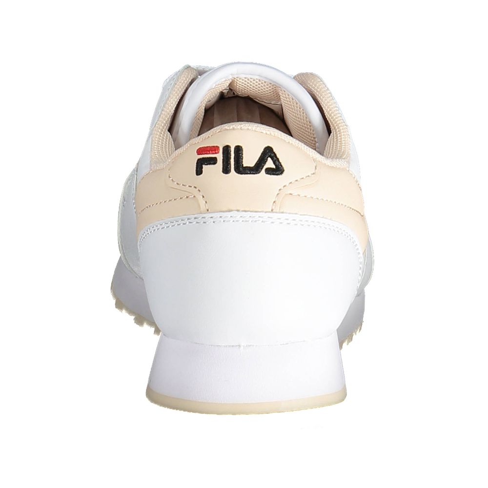 Back view of Fila White Synthetic Women Sneaker showcasing logo and durable contrasting sole for sporty-chic style.