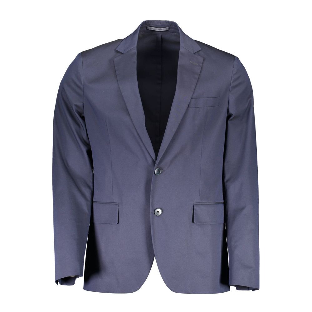 Gant Blue Cotton Men Jacket with sharp tailoring and button fastenings, featuring external and internal pockets, plus iconic Gant logo.