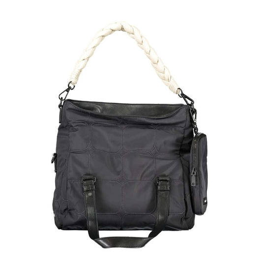Desigual black handbag with two handles, removable shoulder strap, external pocket, and detachable clutch.