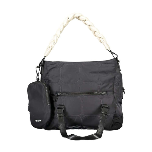 Desigual black polyester handbag with braided handles, removable clutch, and zip closure.