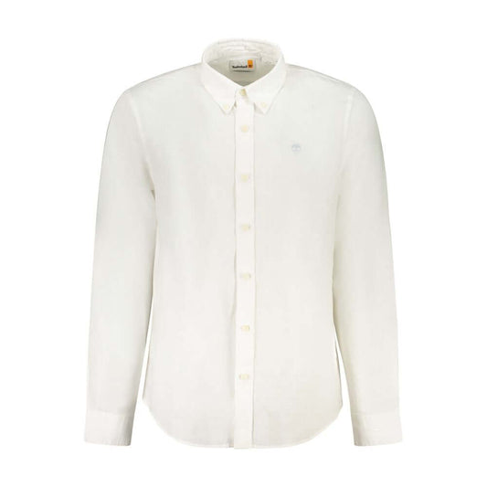 Timberland white cotton shirt, long-sleeved, slim fit, button-down collar, single-button cuffs, embroidered logo, men's fashion top