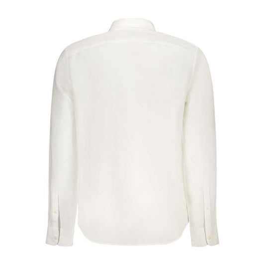 Back view of Timberland white cotton long-sleeved shirt with slim fit, button-down collar, and embroidered logo.