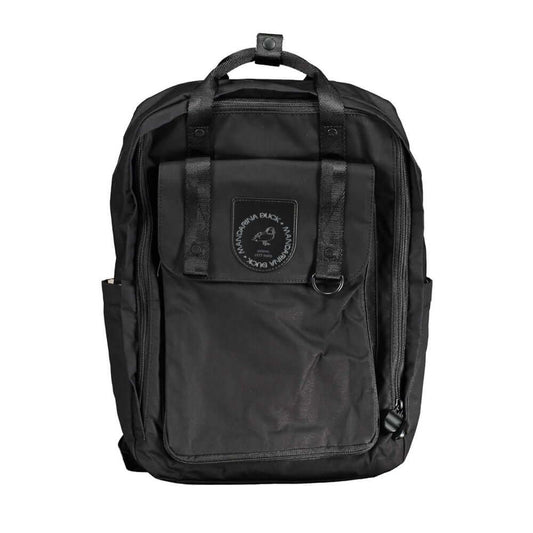Mandarina Duck black cotton backpack with two handles, adjustable straps, internal compartment, external pockets, and logo patch.