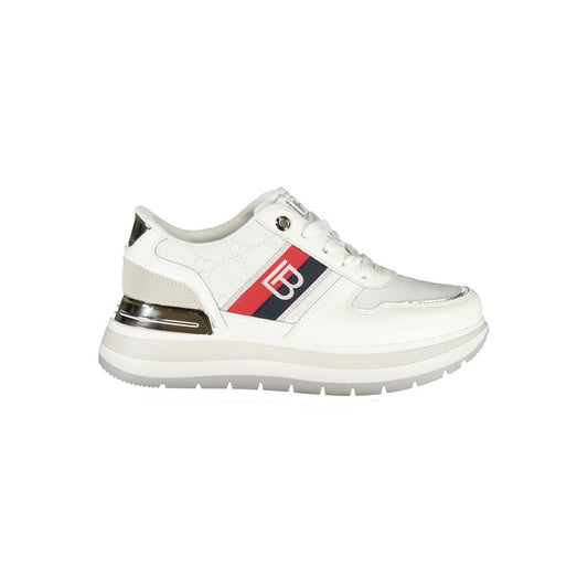 Laura Biagiotti White Polyester Women Sneaker with contrasting details and iconic brand logo on side view.