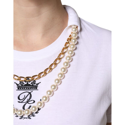 Dolce & Gabbana White Chain Pearl Cotton Round Neck T-shirt