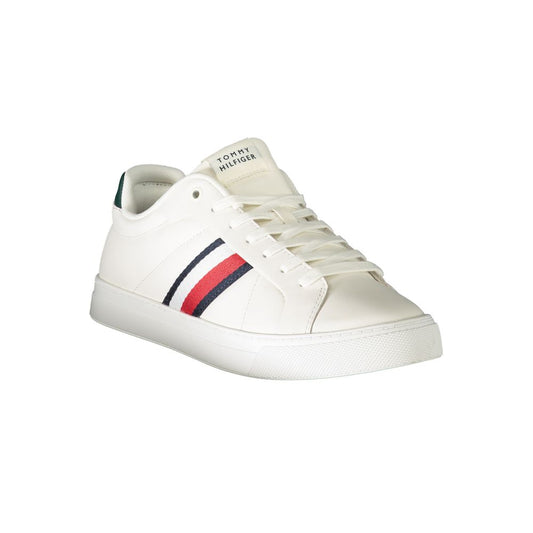 Tommy Hilfiger white leather men sneaker with green accents, iconic logo, and stripes, ideal for trendsetters. High-quality materials.