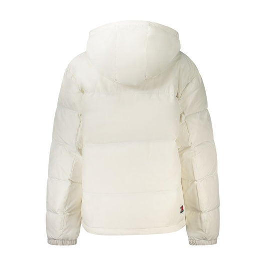 Back view of Tommy Hilfiger white women's jacket with hood featuring eco-friendly recycled polyester design.