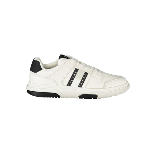 Tommy Hilfiger white polyethylene men's sneaker with black accents and logo, showcasing style and comfort.