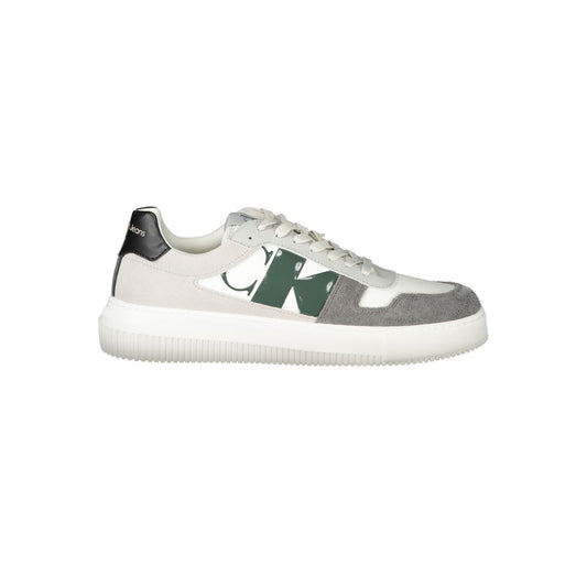 Calvin Klein white polyethylene men's sneaker with grey-green-black accents and recycled rubber soles.