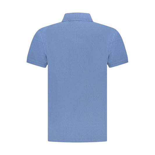 Back view of Timberland blue cotton men's polo shirt, featuring a classic design with short sleeves and collar.