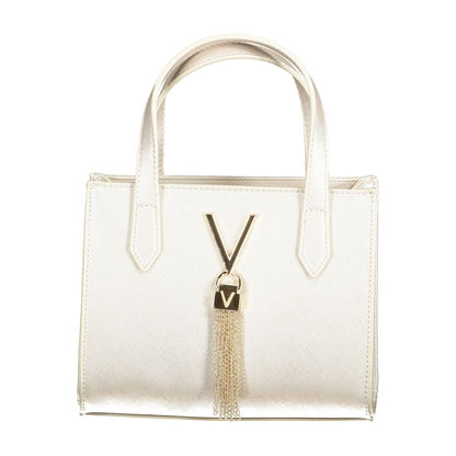 White handbag with gold "V" detail and tassel, featuring two handles. Ideal accessory for elegant women. Stylish and chic design.