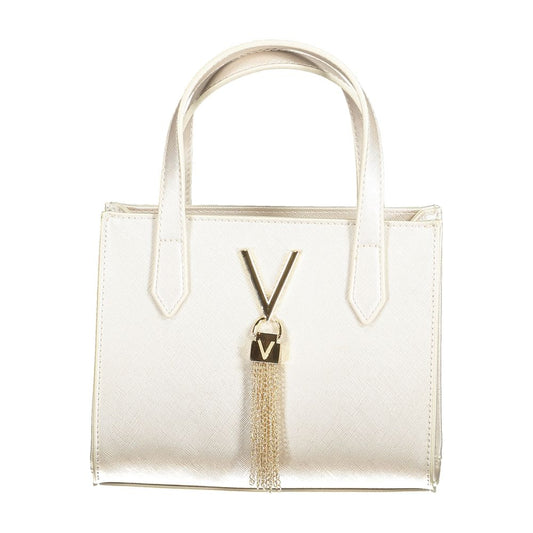 Elegant white handbag with gold tassel accent and dual handles.