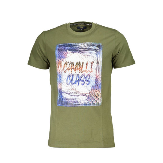 Cavalli Class Green Cotton Men T-Shirt with striking print and logo, high fashion statement piece, crew neck short sleeve tee