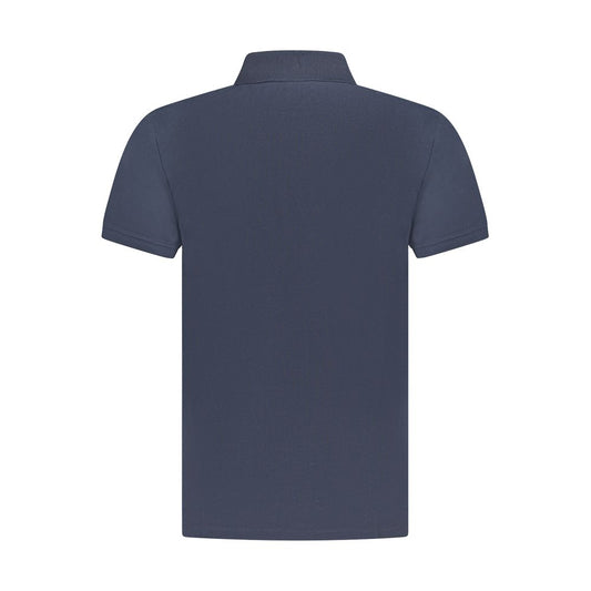 Back view of Timberland blue cotton men's polo shirt with short sleeves.