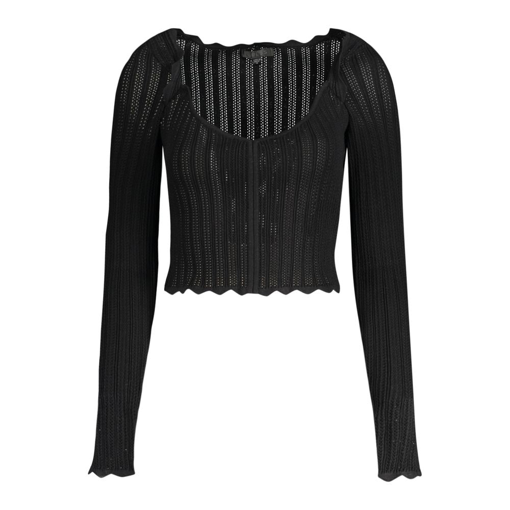 Guess Jeans Black Viscose Women Sweater with V-neck and long sleeves, featuring bold contrasting details and iconic logo for timeless style.