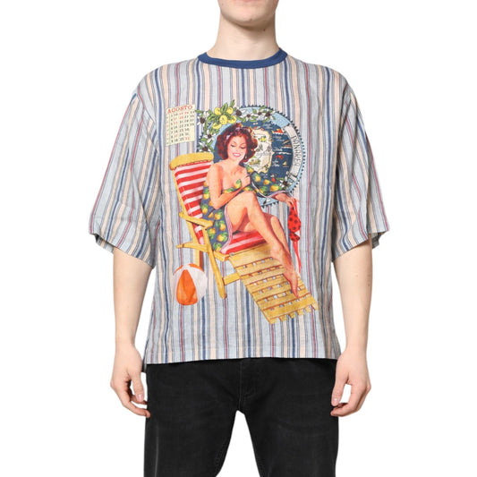 Dolce & Gabbana Multicolor Striped Pin Up Linen Round Neck T-shirt