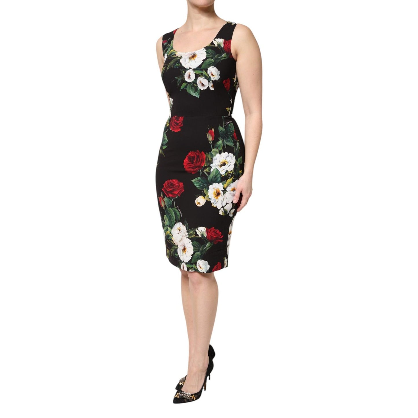 Dolce & Gabbana Black Floral Print Sleeveless Sheath Dress