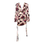 Laneus Pink Floral Silk Long Sleeves V-neck Ruched Mini Dress DR281408-42