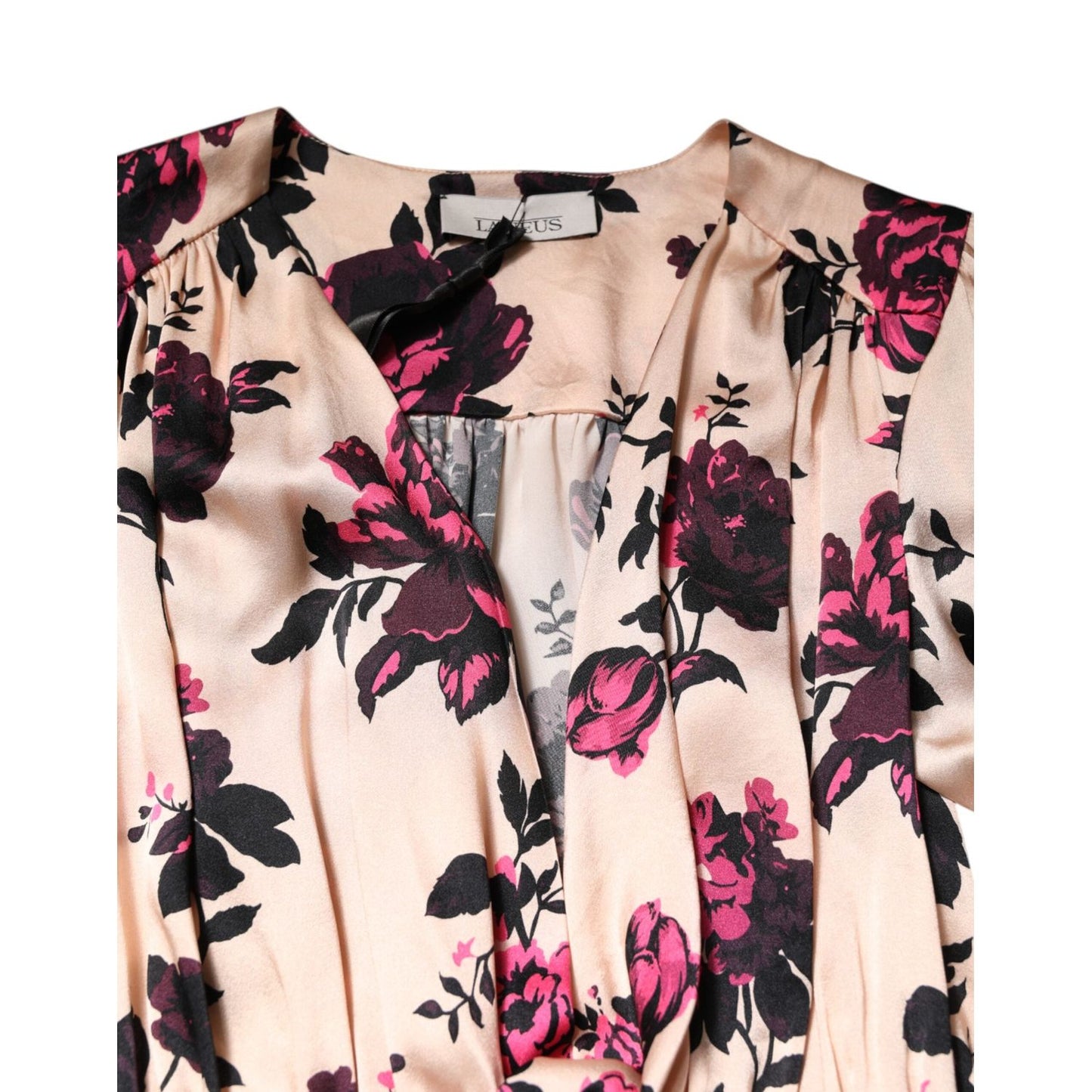 Laneus Pink Floral Silk Long Sleeves V-neck Ruched Mini Dress DR281408-42