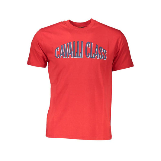 Cavalli Class Red Cotton Men T-Shirt with logo and print, crafted from superior cotton for a stylish casual look.