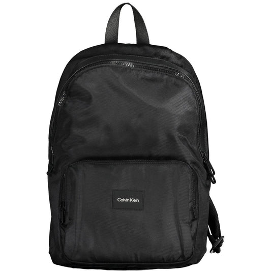 Calvin Klein Black Polyester Men Backpack with bold logo, urban design, adjustable straps, eco-friendly recycled material