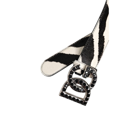 Dolce & Gabbana White Black Leather Zebra DG Crystal Buckle Belt