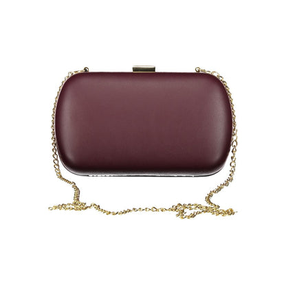 Burgundy clutch with gold chain strap, suitable for elegant occasions.