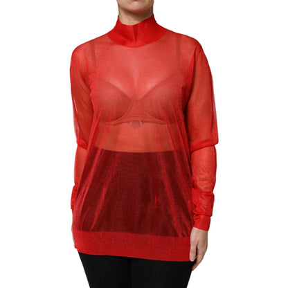 Dolce & Gabbana Red Tulle Turtleneck Long Sleeve Blouse Top