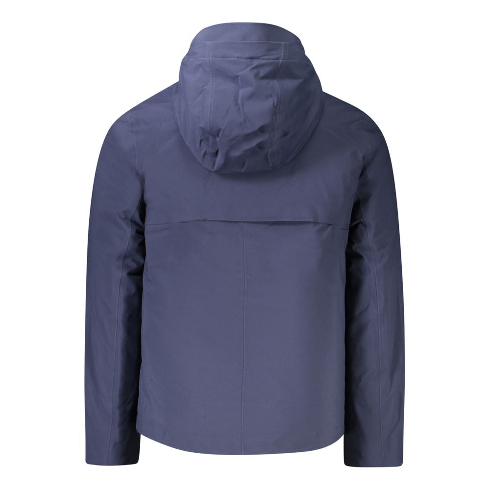 K-WAY Blue Polyester Men Jacket with hood and double padding, rear view showing sleek design, perfect for style and functionality.