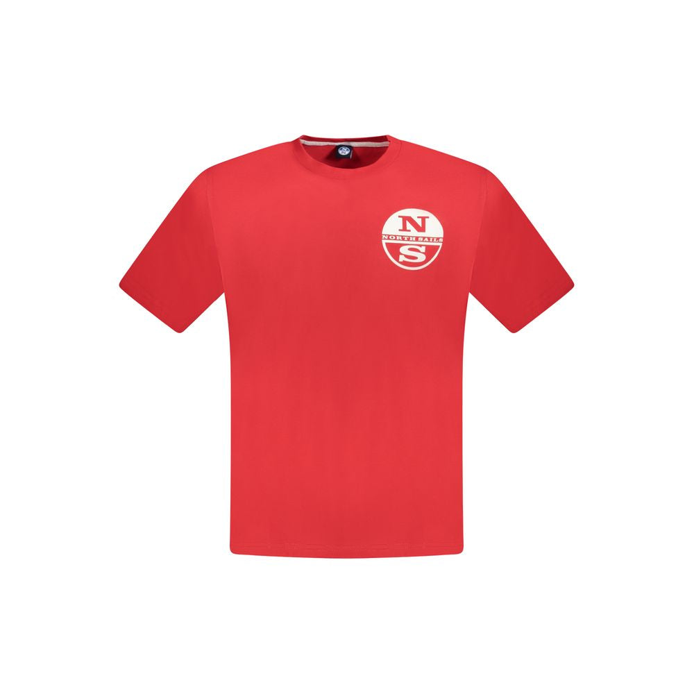 North Sails Red Cotton Men T-Shirt with logo print, showing vibrant red color and crew neck design, made from 100% cotton.