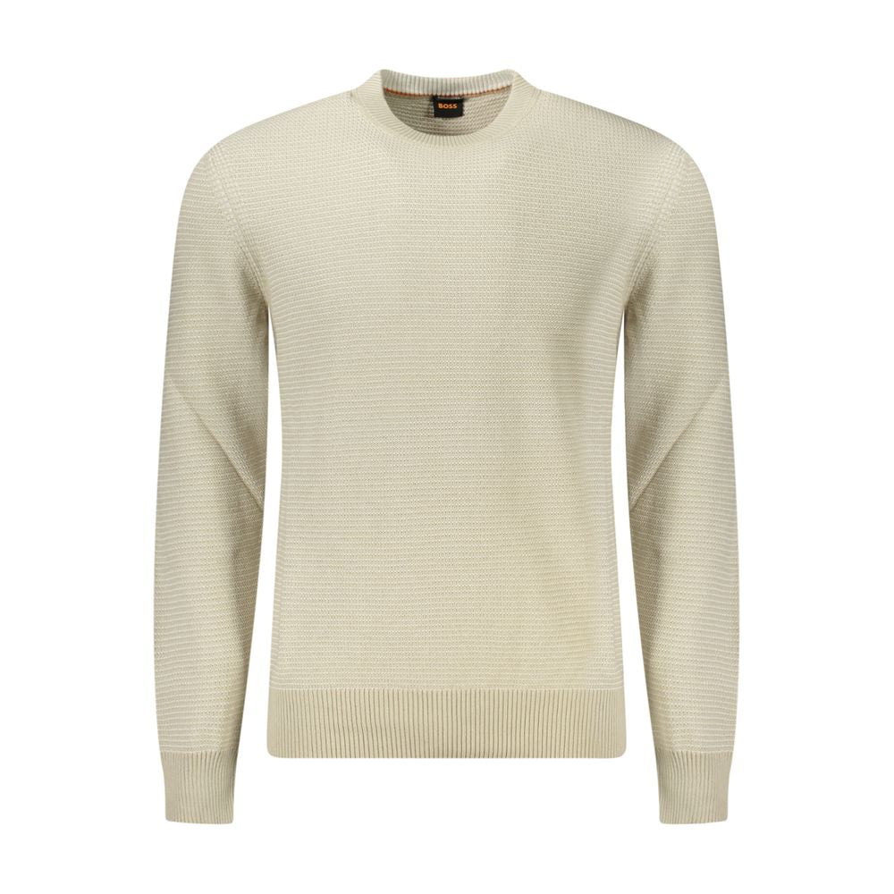 Hugo Boss Beige Cotton Men Sweater with long sleeves and crew neck, featuring chic details and crafted from a cotton-kapok blend.
