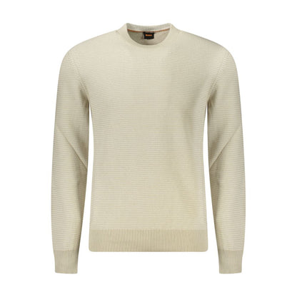 Hugo Boss Beige Cotton Men Sweater with long sleeves and crew neck, featuring chic details and crafted from a cotton-kapok blend.